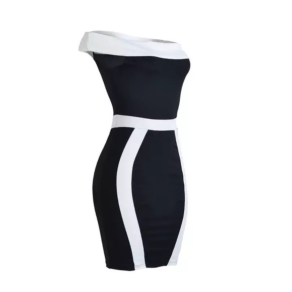 Black Bodycon White Slash Neck Off Shoulder Dress - Picture 3 of 8